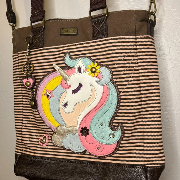 CHALA Unicorn Tote Pink& Brown Stripes Crossbody Messenger Vegan Bag Large Purse - Picture 5 of 14